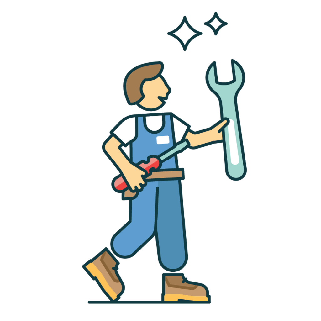 Illustration of a technician holding a large wrench, ready for maintenance work.