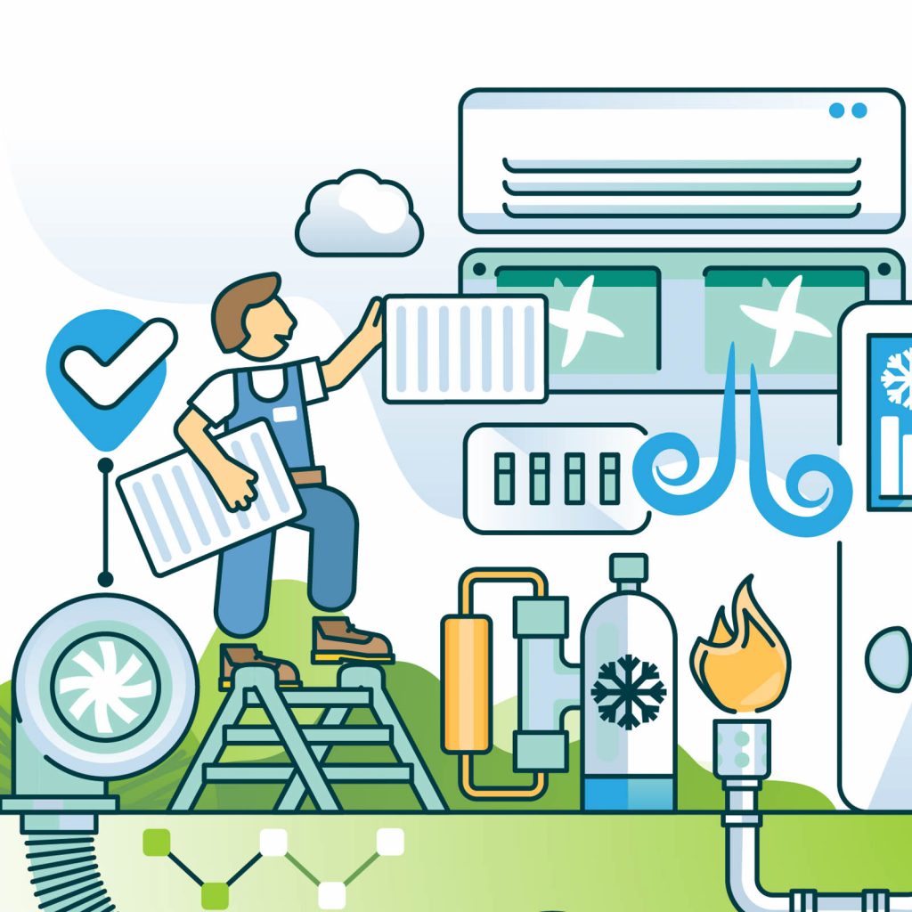 Illustration of a technician servicing an HVAC unit with icons representing air quality and temperature control.