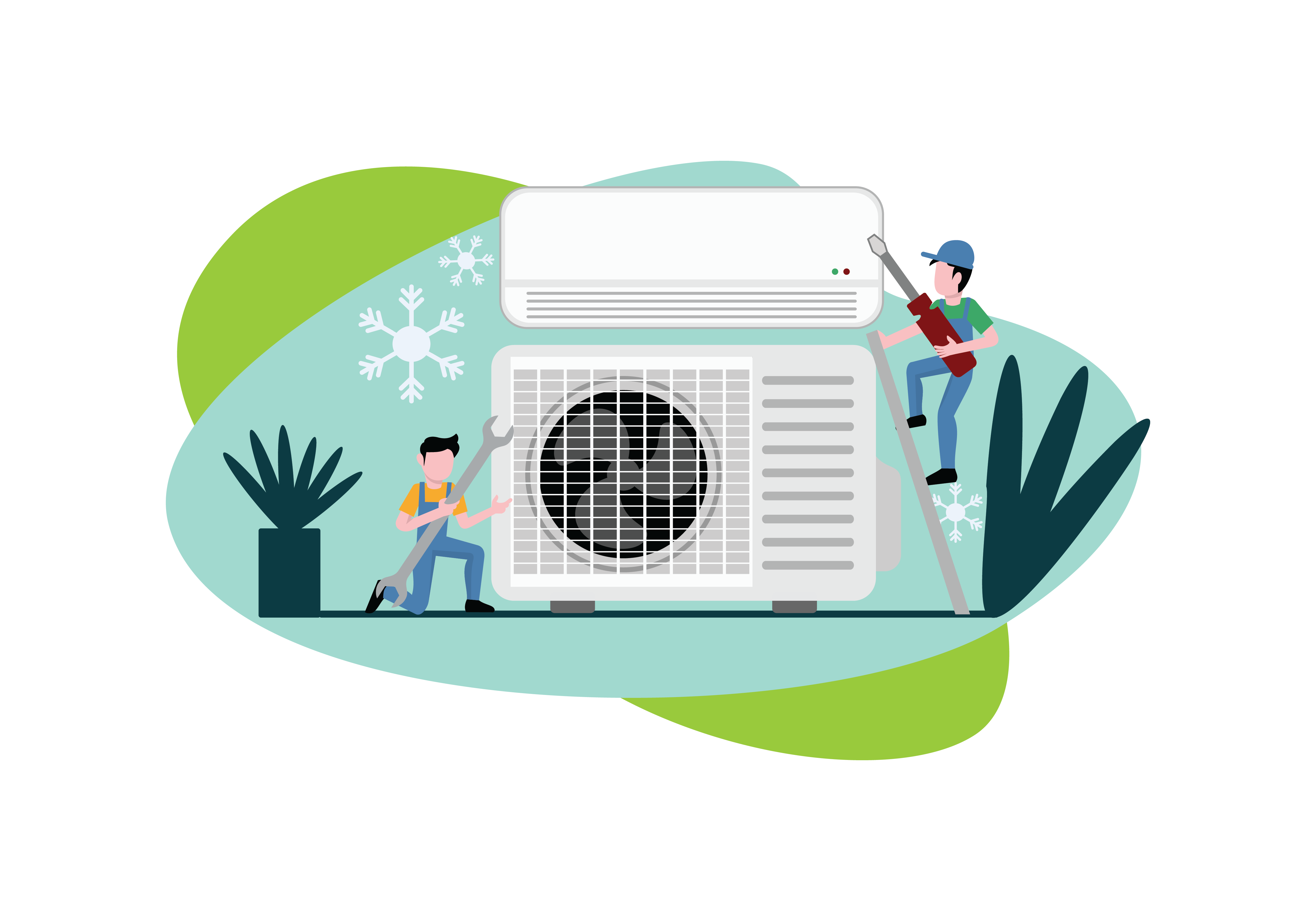 Illustration of two technicians working on an outdoor heat pump and an indoor air conditioning unit, with tools in hand, against a backdrop of abstract greenery.