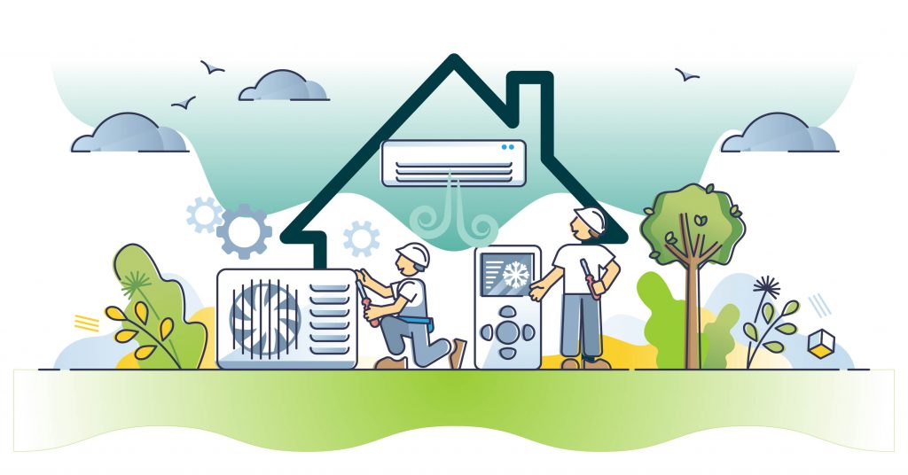 Illustration of two technicians servicing HVAC systems, with a backdrop of a stylized house outline, nature, and gears symbolizing functionality.