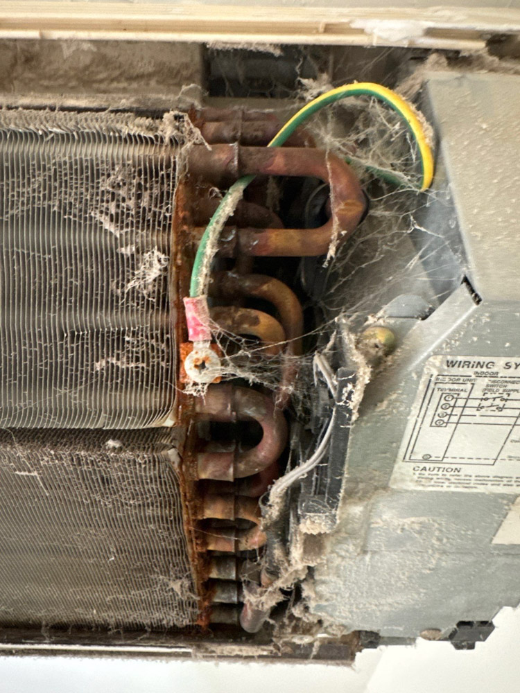 Close-up of a dirty mini split with corroded copper pipes, tangled wiring, heavy cobwebs, and dust buildup. The coils and electrical components are visibly contaminated.