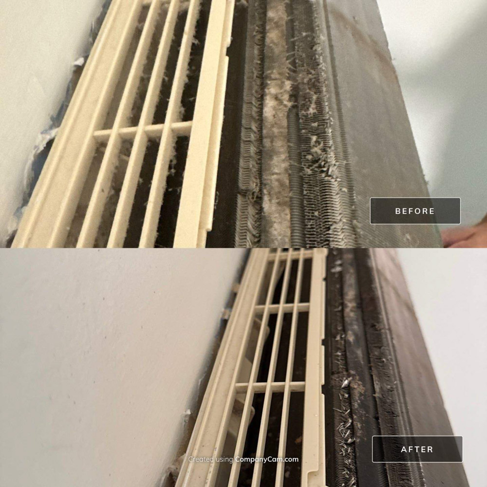 Side-by-side before and after photo of a mini split unit showing thick dust and debris buildup on the coils and vent, followed by a visibly cleaner, restored unit after deep cleaning