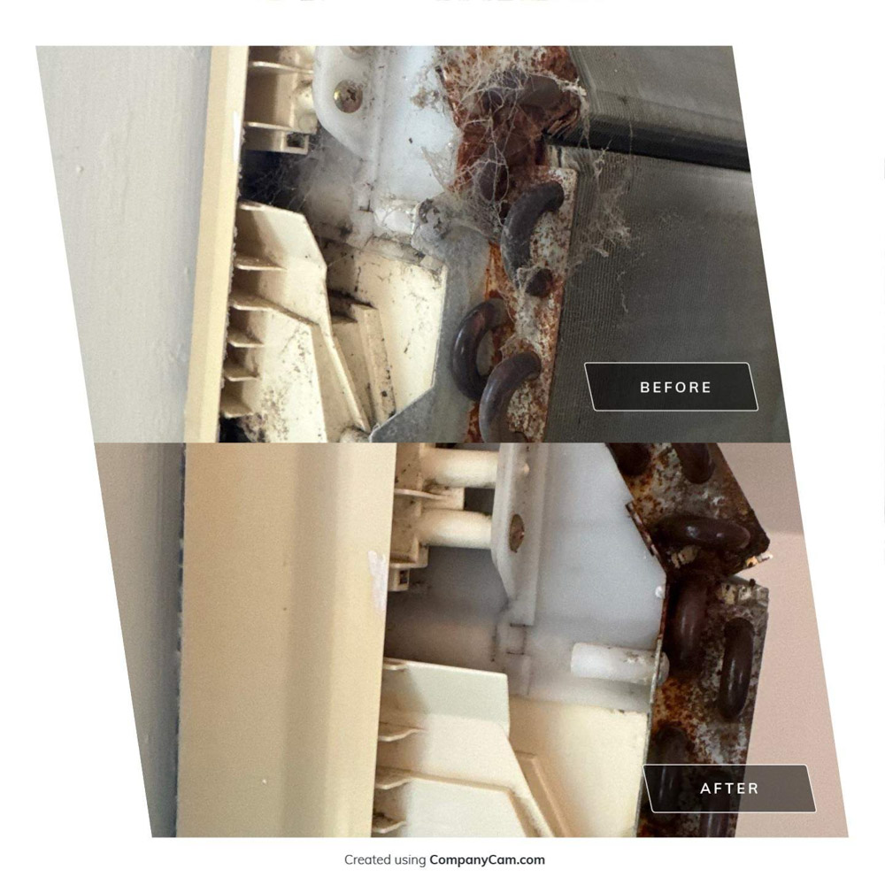 Before-and-after close-up of a dirty mini split interior coil showing rust, cobwebs, and buildup, cleaned using the OctoClean⢠method by Shelter Air in Wappingers Falls, NY.