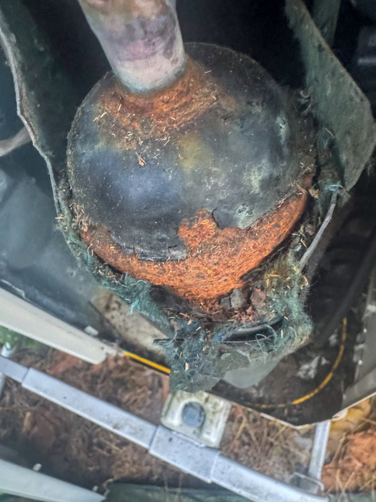 Close-up photo of a heat pump compressor with insulation shredded by mice and packed with bedding debris, showing severe rodent contamination that affects indoor air quality and system performance.