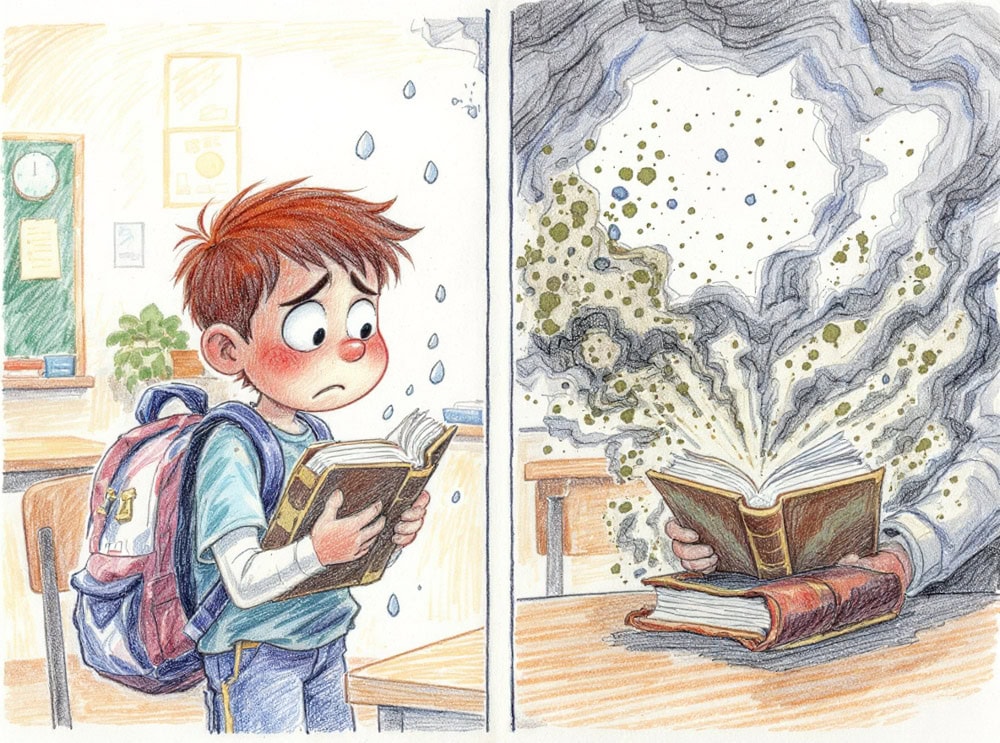 Illustration of a child opening a moldy book releasing spores, representing hidden mold and indoor air quality risks in New Paltz NY.