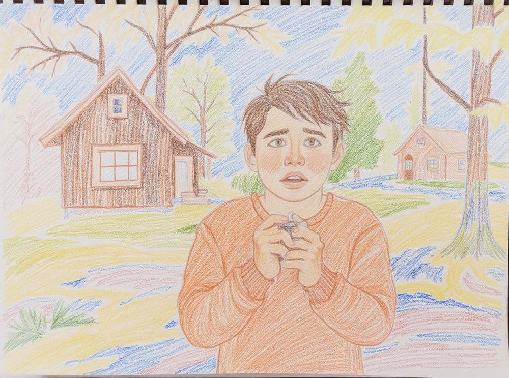 Illustration of a concerned child outside near older homes, symbolizing mold exposure symptoms and indoor air quality risks in New Paltz NY.