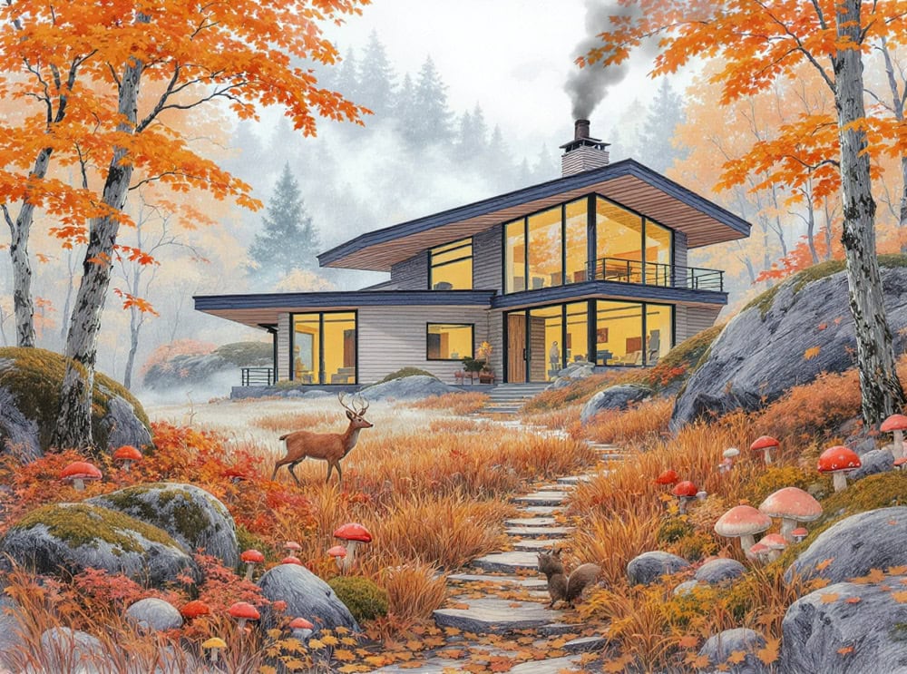 Modern home in autumn woods with mushrooms and fog, illustrating mold spores and indoor air quality risks in New Paltz NY.