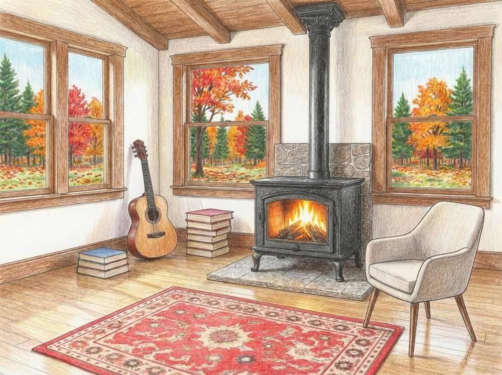 Illustration of a cozy wood-stove cabin with autumn trees visible outside, a guitar and stacks of books beside the fire, symbolizing the beauty of seasonal homes in New Paltz and the hidden indoor air quality issues like smoke, moisture, and mold.
