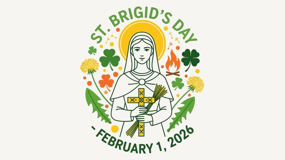 Illustration of St. Brigid holding a cross and sheaf of reeds, surrounded by shamrocks, flames, and flowers, marking St. Brigid’s Day on February 1, 2026.