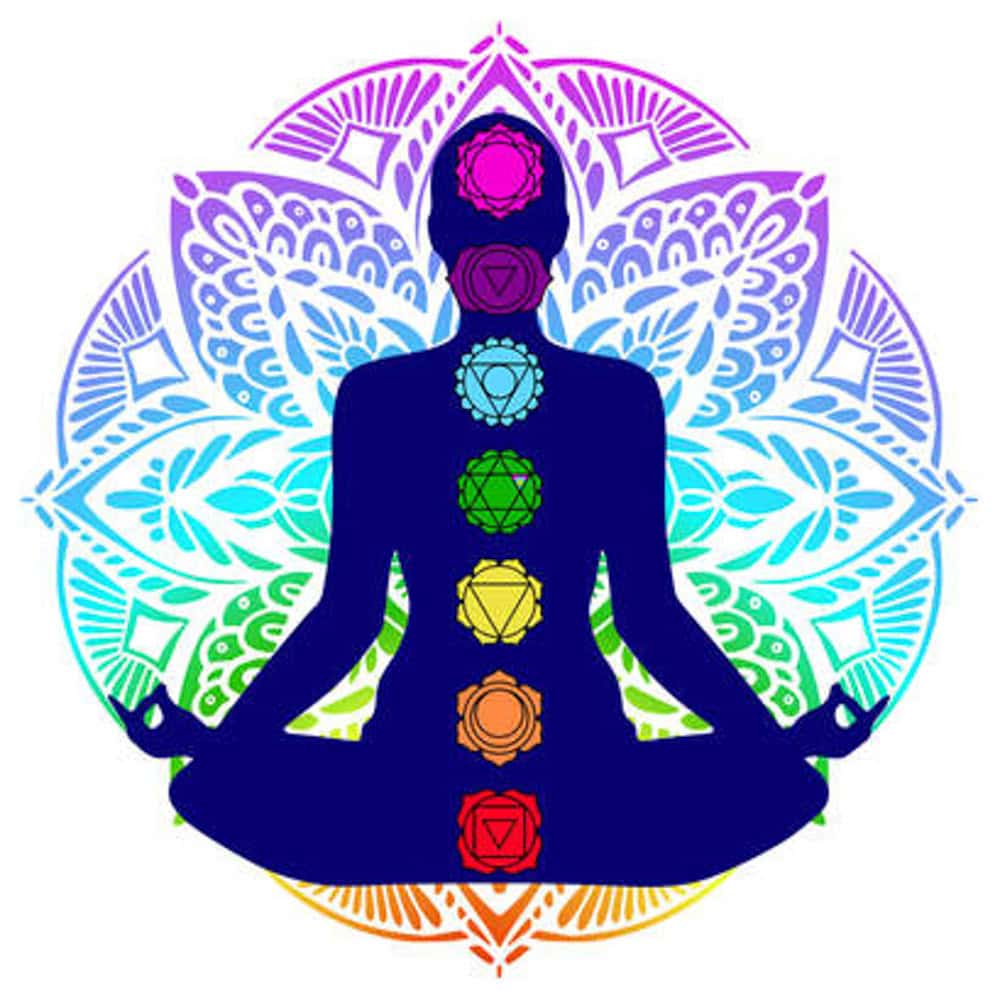 Illustration of a seated figure in meditation with seven colorful chakras aligned along the body against a mandala background.