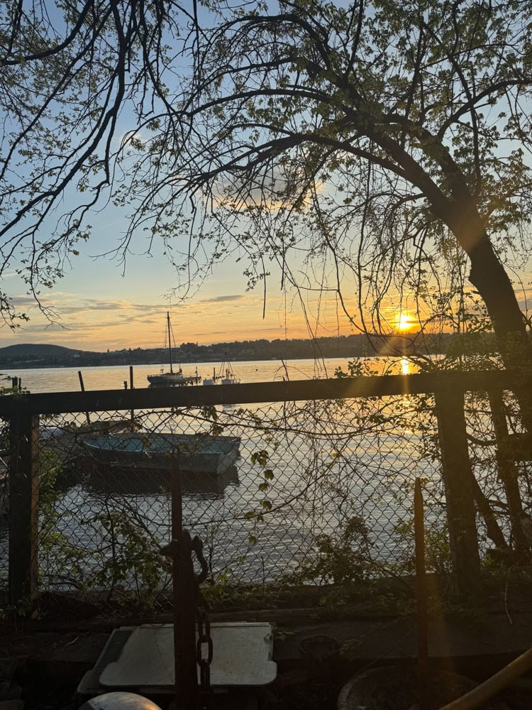 Sunset over the Hudson River in Beacon NY with tree branches framing the water and boats along the waterfront.